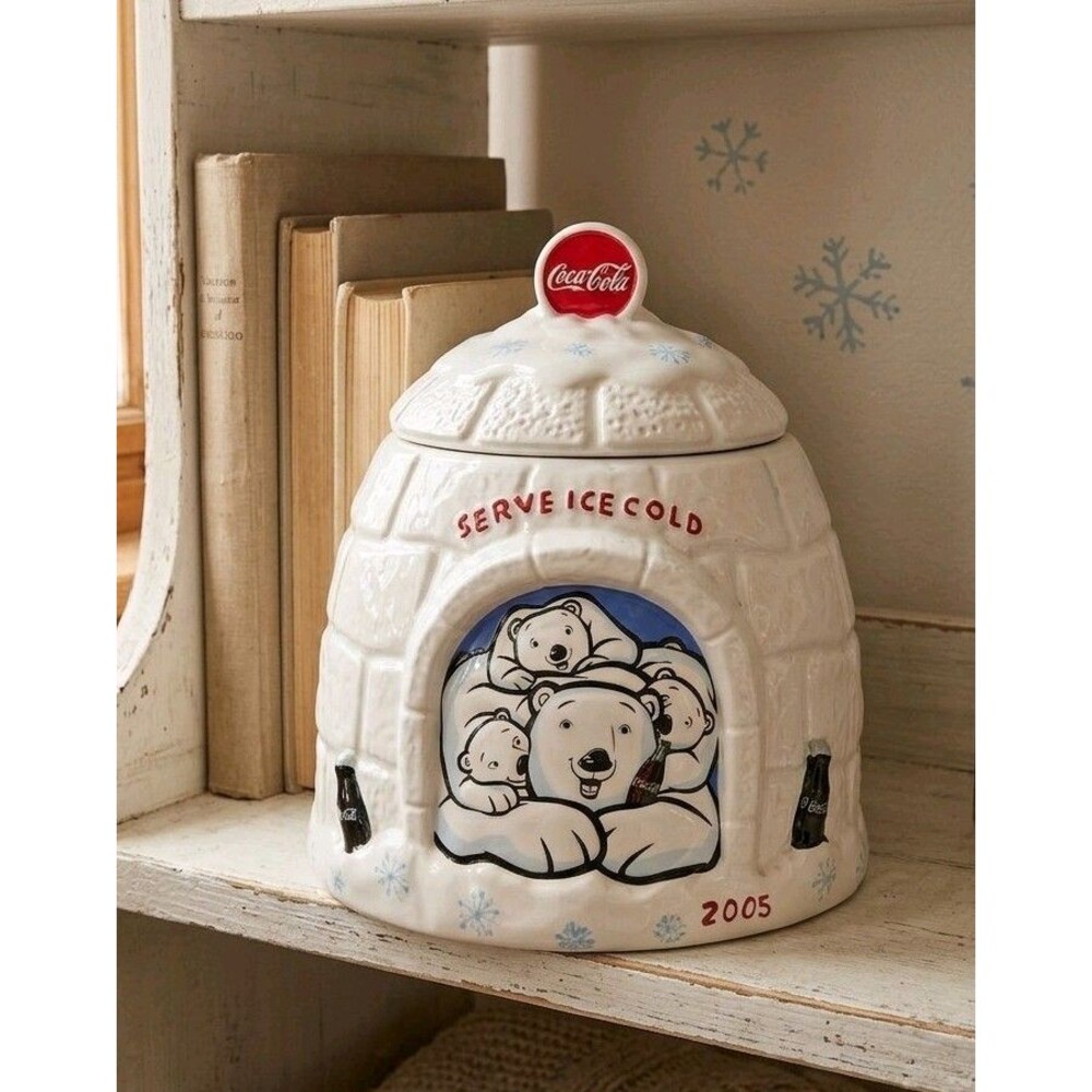 Vintage 2005 Coca Cola Polar Bear Igloo Cookie Jar Houston Harvest Ceramic 1723